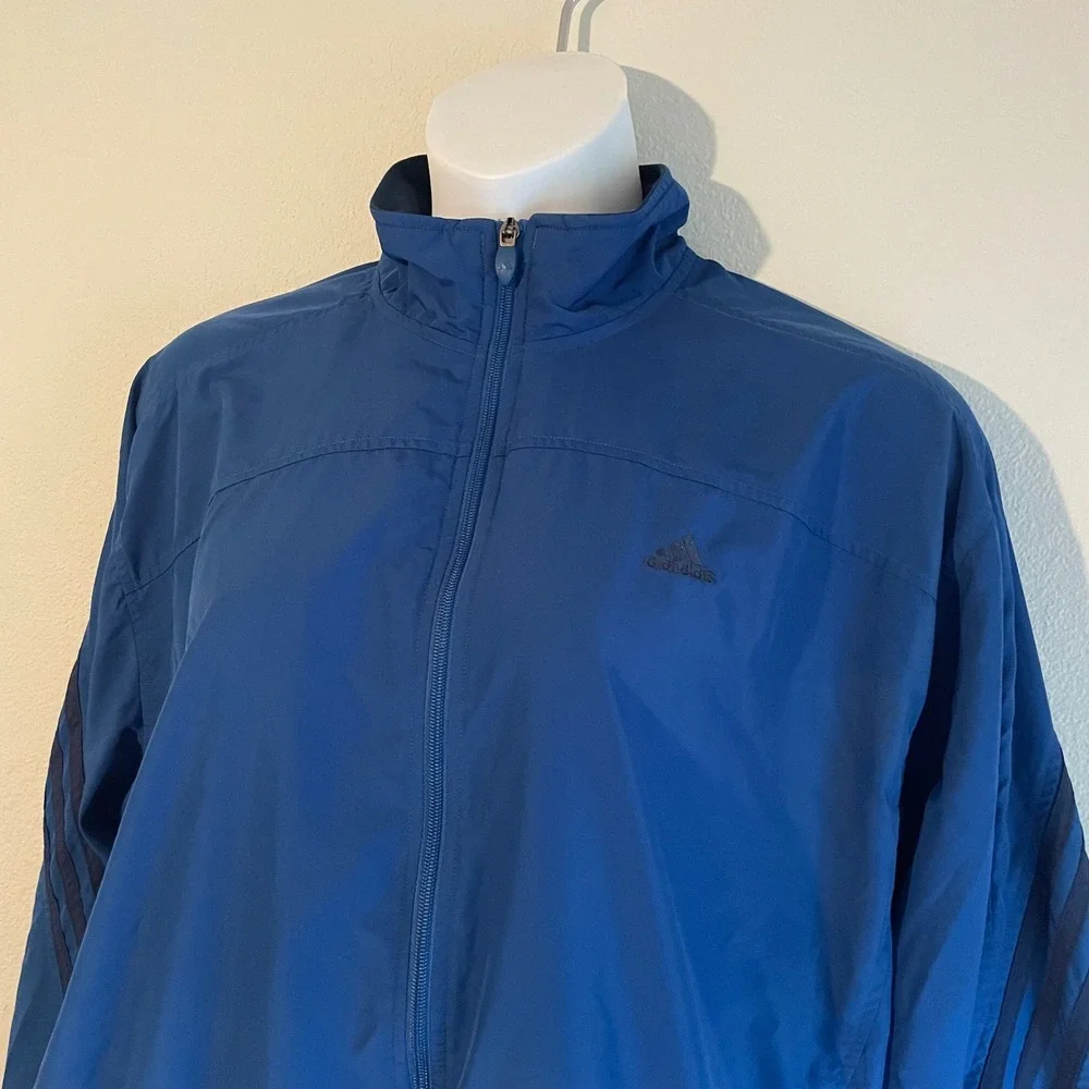 Vintage ADIDAS Windbreaker Mens Large Blue Black 3 Stripes Jacket Coat Full Zip